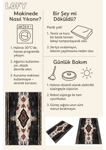 Etnik Desenli Siyah Salon Halısı – Eskitme Görünüm, Makinede Yıkanabilir, Kaymaz Taban