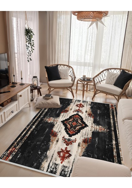 Etnik Desenli Siyah Salon Halısı – Eskitme Görünüm, Makinede Yıkanabilir, Kaymaz Taban