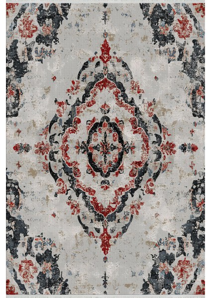 Modern Eskitme Desenli Halı, Açık Gri Zemin, Bordo Antrasit Motif, Kaymaz Tabanlı, Yıkanabilir