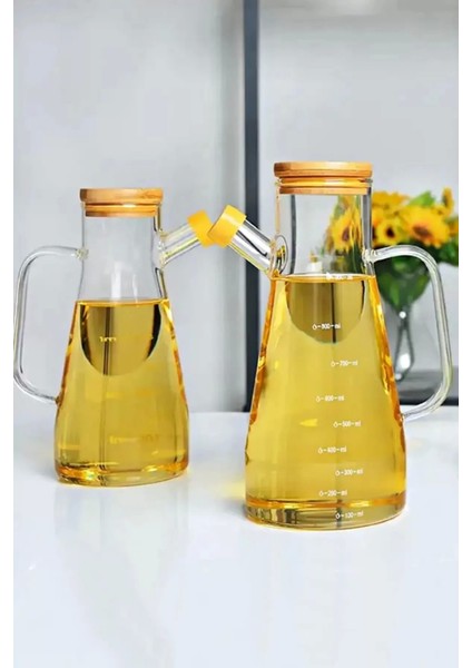 2'li Bambu Kapaklı Cam Yağdanlık Vakumlu Borosilikat Cam Sirkelik Zeytinyağı Şişesi Yağlık 900 Ml.