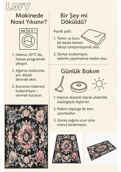 Vintage Çiçek Desenli Halı – Siyah Zemin Gül Motifli | Yıkanabilir | Kaymaz Tabanlı