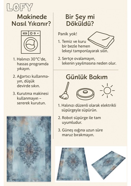 Vintage Mavi Salon Halısı – Oryantal Orta Motif, Yıkanabilir, Kaymaz, Bohem ve Klasik Tarza Uygun