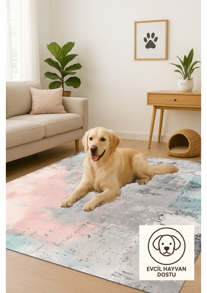 Pastel Renkli Modern Soyut Halı, Mint Yeşili Pudra Gri Renkler, Kaymaz Taban, Yıkanabilir Model