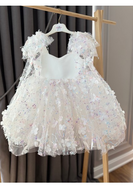 aden Üç Boyutlu Kelebekli Tül Kabarık Tütü Etek Fiyonklu Doğum Günü Mezuniyet Kız Çocuk Elbisesi