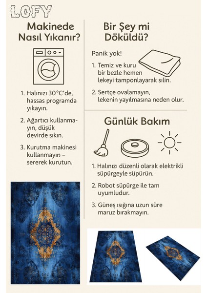 Lacivert Oryantal Salon Halısı – Altın Varak Desen, Yıkanabilir, Kaymaz Taban, Şık Tasarım