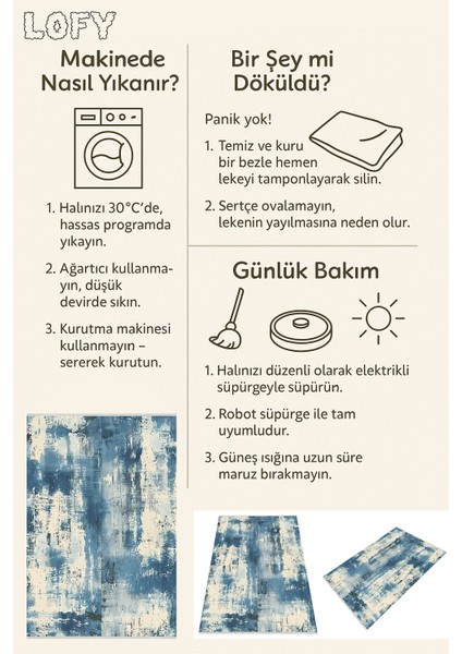 Mavi Modern Salon Halısı – Fırça Dokulu Soyut Desen, Kaymaz Taban, Makinede Yıkanabilir, Toz Tutmaz