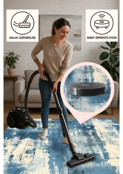 Mavi Modern Salon Halısı – Fırça Dokulu Soyut Desen, Kaymaz Taban, Makinede Yıkanabilir, Toz Tutmaz