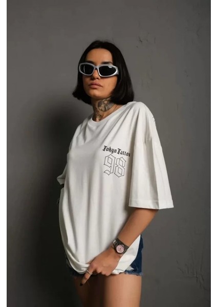 Unisex Bisiklet Yaka Baskılı Oversize T-Shirt - Beyaz