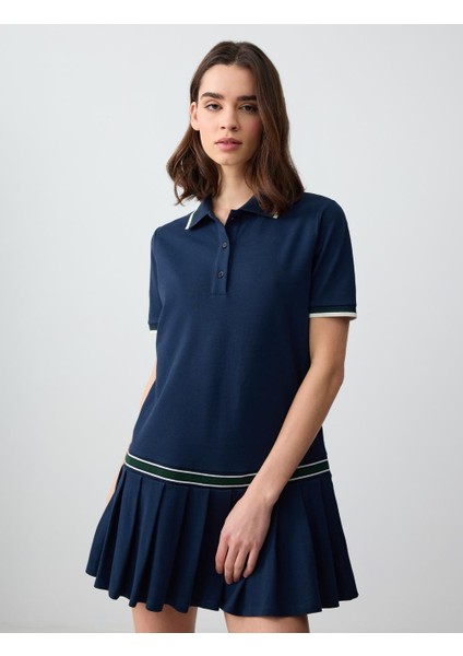Lacivert Rahat Kesim Polo Yaka Kısa Kollu Piliseli Örme Mini Elbise