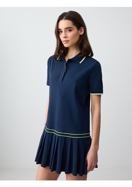 Lacivert Rahat Kesim Polo Yaka Kısa Kollu Piliseli Örme Mini Elbise modelleri