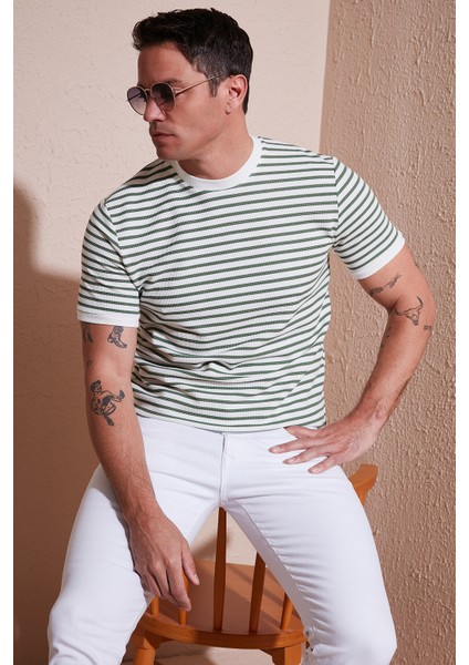 Pamuklu Çizgili Regular Fit Bisiklet Yaka T Shirt Erkek T Shirt 5903005 modelleri