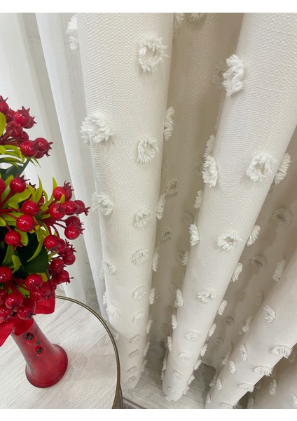 Ekru Renk Ponponlu Pufy Fon Perde 1/3 Sık Pile