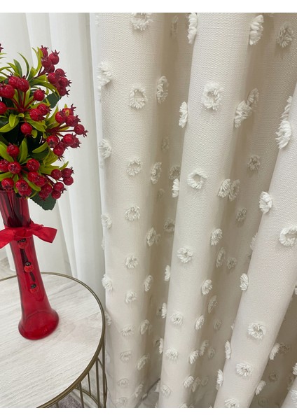 Ekru Renk Ponponlu Pufy Fon Perde 1/3 Sık Pile fiyatları