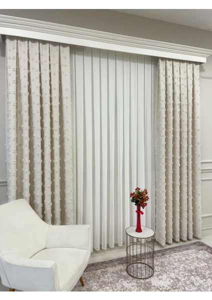 Ekru Renk Ponponlu Pufy Fon Perde 1/3 Sık Pile indirimleri