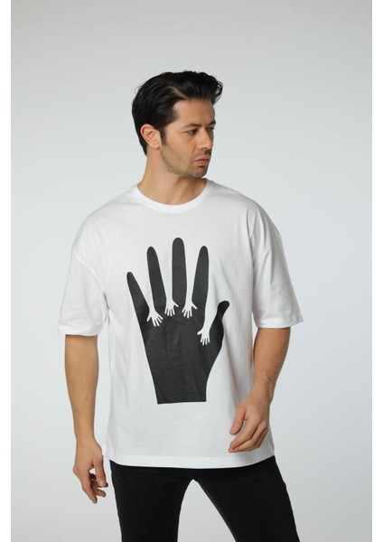 Baskılı Oversize Bisiklet Yaka - T-Shirt