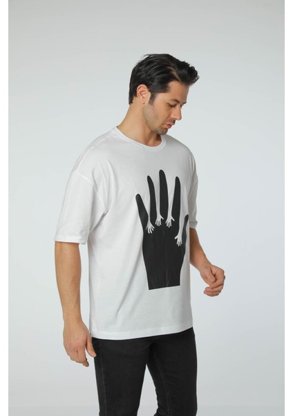Baskılı Oversize Bisiklet Yaka - T-Shirt