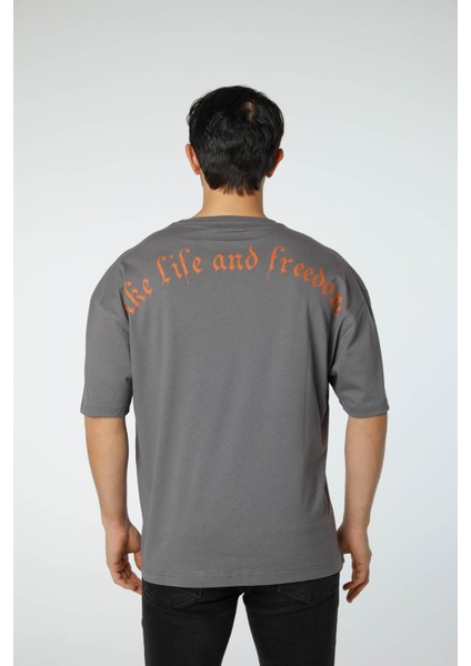 Baskılı Oversize Bisiklet Yaka T-Shirt