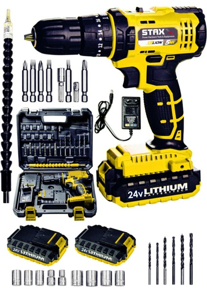 24 V 5 Ah Darbeli Metal Dişli Şanzuman Çift Akülü Şarjlı Vidalama Matkap Çantalı Set
