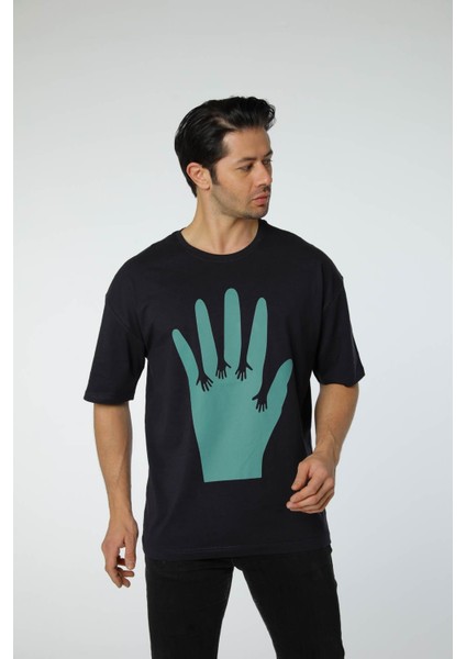 Baskılı Oversize Bisiklet Yaka - T-Shirt