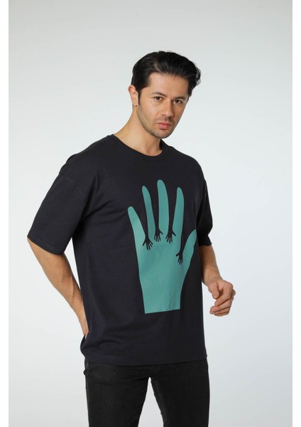 Baskılı Oversize Bisiklet Yaka - T-Shirt