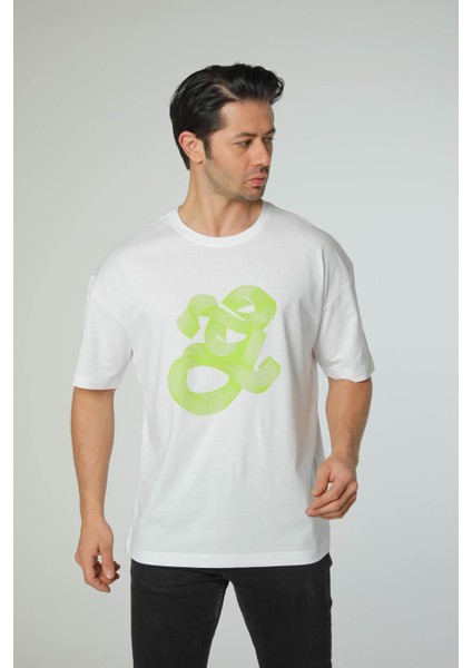 Baskılı Oversize Bisiklet Yaka T-Shirt
