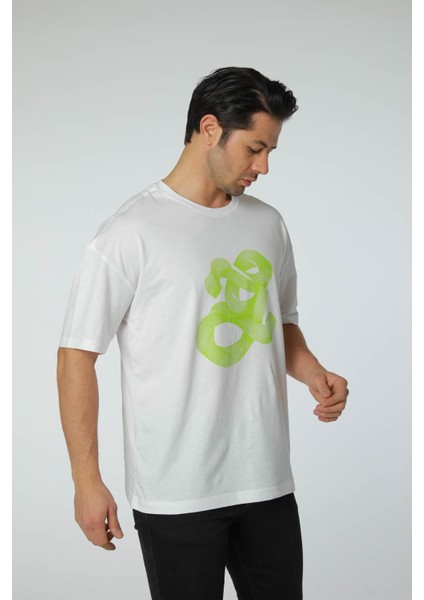 Baskılı Oversize Bisiklet Yaka T-Shirt