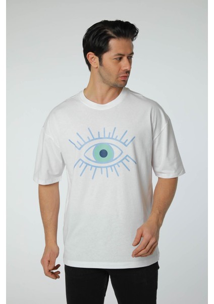 Baskılı Oversize Bisiklet Yaka T-Shirt