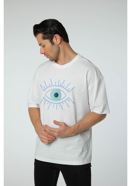 Baskılı Oversize Bisiklet Yaka T-Shirt