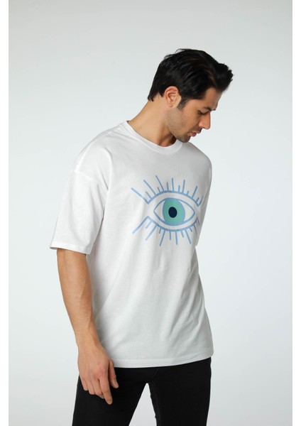Baskılı Oversize Bisiklet Yaka T-Shirt