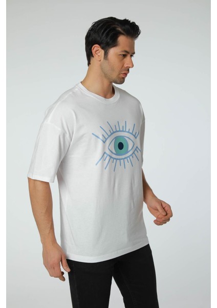 Baskılı Oversize Bisiklet Yaka T-Shirt