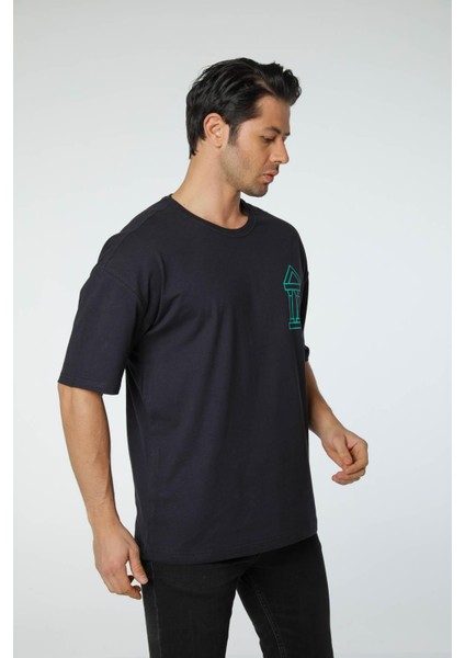 Baskılı Oversize Bisiklet Yaka T-Shirt
