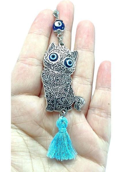 Açık Mavi Cam Nazar Boncuklu Eskitme Metal Kedi Araba Dikiz Ayna Süsü Hediyelik Aksesuar/ Püsküllü