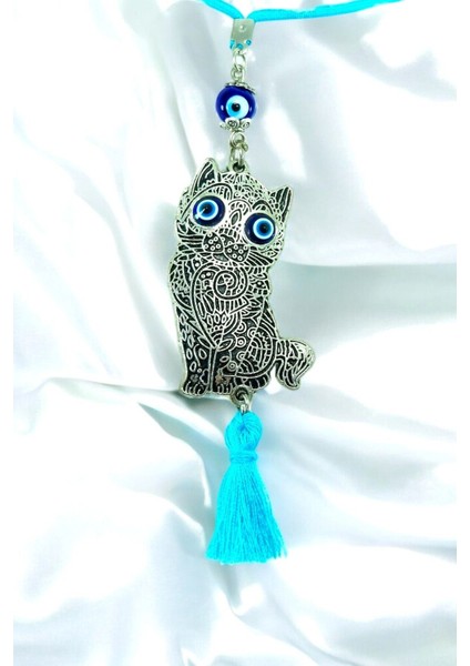 Açık Mavi Cam Nazar Boncuklu Eskitme Metal Kedi Araba Dikiz Ayna Süsü Hediyelik Aksesuar/ Püsküllü fiyatları