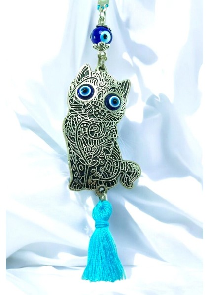 Açık Mavi Cam Nazar Boncuklu Eskitme Metal Kedi Araba Dikiz Ayna Süsü Hediyelik Aksesuar/ Püsküllü modelleri