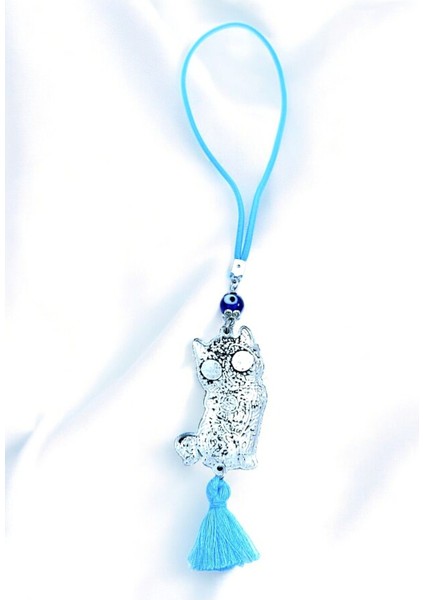 Açık Mavi Cam Nazar Boncuklu Eskitme Metal Kedi Araba Dikiz Ayna Süsü Hediyelik Aksesuar/ Püsküllü indirimleri