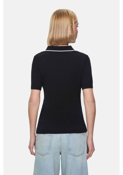 Sasha Siyah Polo Yaka Triko Nakışlı Standard Fit Kadın Tshirt