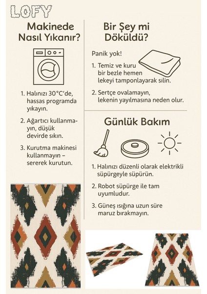 Etnik Kilim Desenli Halı – Yıkanabilir, Kaymaz Tabanlı, Bohem Tarz, Kiremit & Yeşil Renk