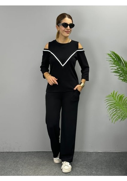 Kadın Ithal Burgu Kumaş Uzun Kollu Omuz Dekolteli Bluz ve Pantolon Ikili Takım modelleri