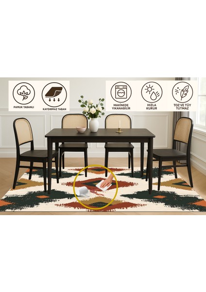 Etnik Kilim Desenli Halı – Yıkanabilir, Kaymaz Tabanlı, Bohem Tarz, Kiremit & Yeşil Renk