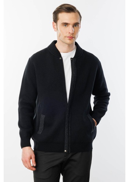 Erkek Pike Dokuma Fermuarlı Cepli Triko Mont Siyah