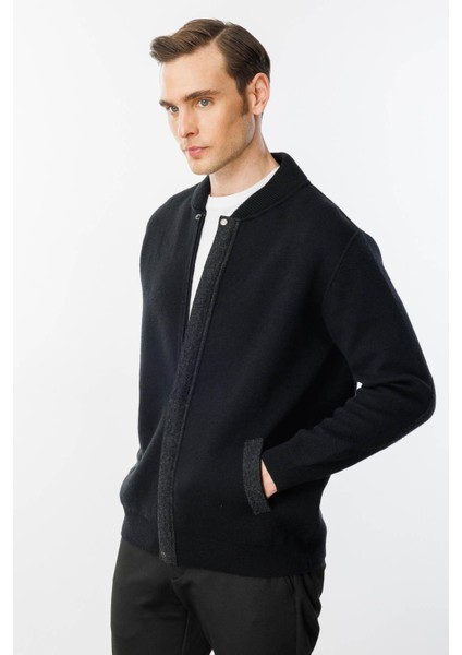 Erkek Pike Dokuma Fermuarlı Cepli Triko Mont Siyah