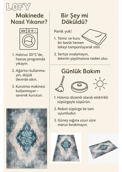 Mavi Eskitme Desenli Halı – Orta Motifli | Gri & Buz Mavi Renkler | Yıkanabilir | Kaymaz Tabanlı