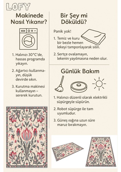 Osmanlı Lale Desenli Halı – Klasik Türk Motifi, Yıkanabilir, Kaymaz Tabanlı, Evcil Hayvan Dostu