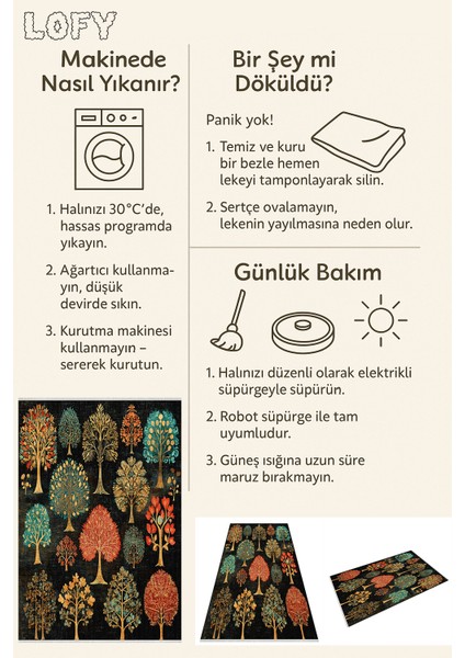 Renkli Ağaç Desenli Yıkanabilir Halı – Kaymaz Tabanlı, Bebek ve Evcil Dostu, Toz Tutmaz