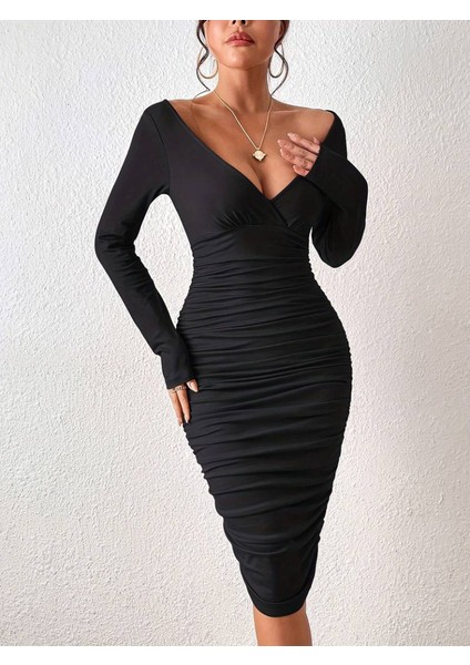 Kadın Uzun Kollu Derin Kruvaze Yakalı Büzgülü Sandy Midi Elbise fırsatları