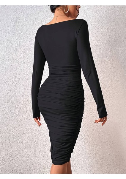 Kadın Uzun Kollu Derin Kruvaze Yakalı Büzgülü Sandy Midi Elbise indirimleri