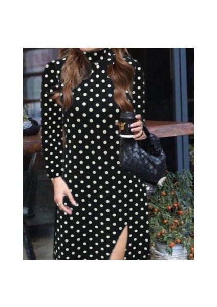 Kadın Uzun Kollu Balıkçı Yaka Yırtmaçlı Krep Elbise fiyatları