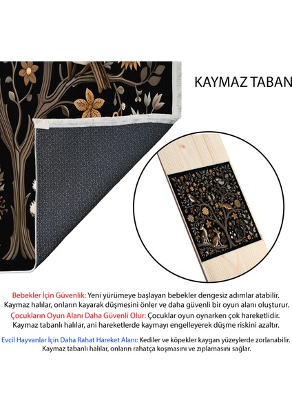 Doğa ve Hayvan Temalı Halı - Siyah Zemin ve Pastel Detaylar