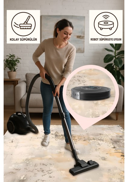 Eskitilmiş Tarz Minimalist Halı - Bej, Gri Tonları