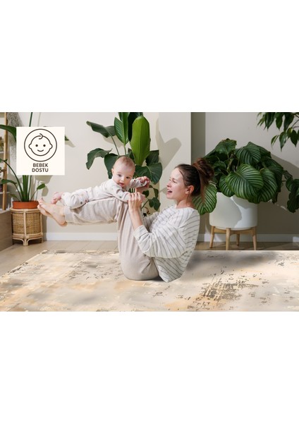 Eskitilmiş Tarz Minimalist Halı - Bej, Gri Tonları